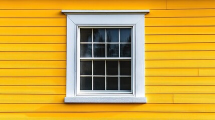 Fototapeta premium A solitary window on the exterior of a house with bright yellow siding.