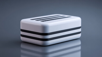 Sleek modern toaster with minimalist design and smooth finish on a reflective surface.