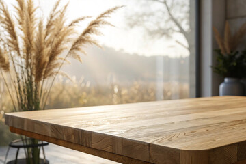 Empty wooden table top front of morning light with blurred natural abstract background. can be used product display.