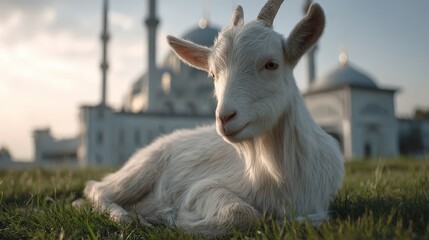 Obraz premium Peaceful white goat resting in a grassy field near a mosque.