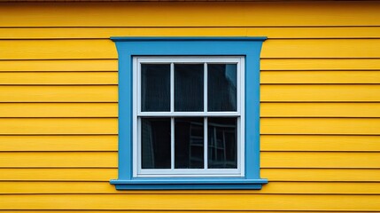 A solitary window on the exterior of a house with bright yellow siding.