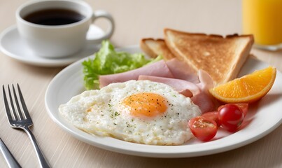 breakfast scene with a focus on a white ceramic plate placed in the center on a light-colored table. Generative AI