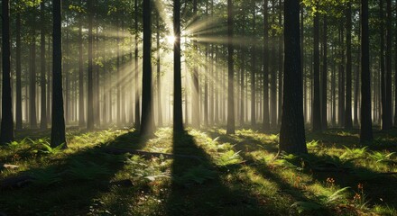 Obraz premium Serene forest scene with sunlight filtering through trees and misty background