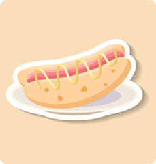 Delicious hot dog with mustard lying on plate on summer background