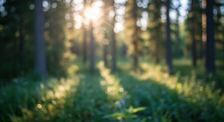 Soft sunlight filters through a dense forest, illuminating the greenery below