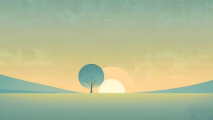 Obraz premium Minimalist landscape art featuring a lone tree silhouette against a stylized sun, invoking serenity and calm with muted colors and textures.