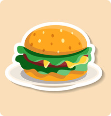 Delicious burger lying on plate with tropical leaves background