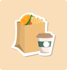 Paper bag full of fast food takeaway with hamburger and french fries is standing on table with coffee cup