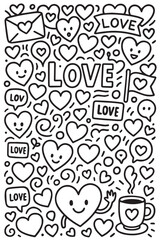 A vector background features love signs and handwritten “love” doodles, including hearts, arrows, and romantic phrases in a sweet, playful sketch style.

