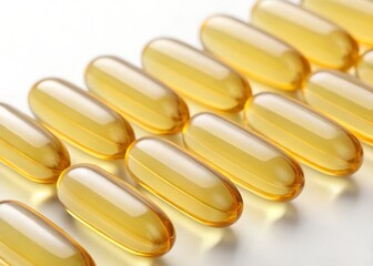 Close up of food supplement oil filled capsules suitable for fish oil, omega 3, omega 6, omega 9, evening primrose, borage oil, flax seeds oil, vitamin A, vitamin D, vitamin D3, vitamin E