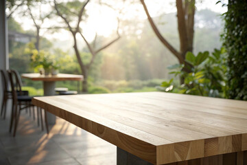 Fototapeta premium Empty wooden table top front of morning light with blurred natural abstract background. can be used product display.