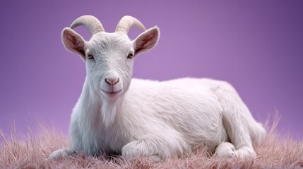 Fototapeta premium portrait of a white goat resting on a soft bed of fur.