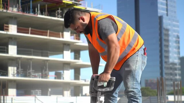 Construction worker using jackhammer on building site, wearing safety vest and jeans &ndash; urban development and manual labor concept