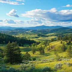 Obraz premium A vast wilderness area with rolling hills, dense forests, and untouched nature. 