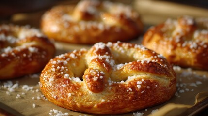 Pretzels oven fresh baked Freshly baked pretzels sprinkled with coarse salt on a wooden tray.