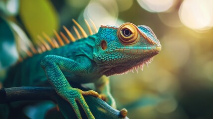 Fototapeta premium Vibrant lizard on branch with shallow depth for wildlife exotic nature tropical reptile texture scales macro