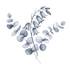 Elegant Watercolor Floral Arrangement: A serene watercolor illustration of delicate bluebell flowers intertwined with eucalyptus branches, creating a graceful and artistic composition.
