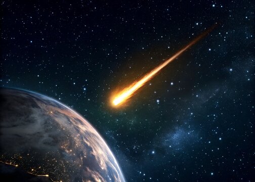 A comet, asteroid, or meteorite falls to Earth against the starry sky, signaling an astronomical event, complete with a blazing comet tail and potential disaster implications.