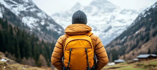 Man In Winter Clothing With Orange Backpack On Hike In High Snowy Mountain Landscape With View