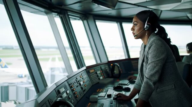 Female air traffic controller in modern airport control tower, focused on communication and coordination &ndash; teamwork and aviation safety