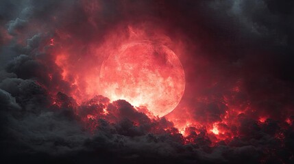 Red moon behind black clouds with mystical burn and smoke concept. A dramatic view of a red moon surrounded by dark clouds.