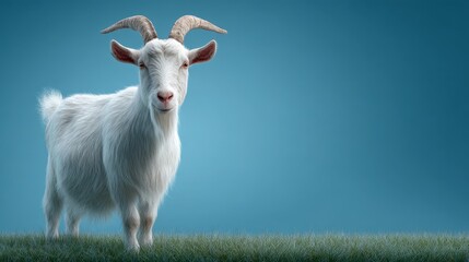 Obraz premium White goat standing on grassy plain against a teal backdrop.
