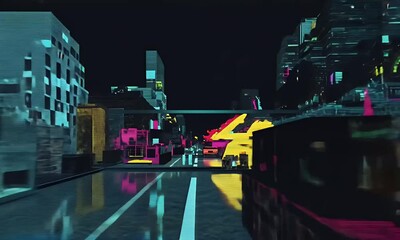 Digital Animated Cityscape With Neon Lights At Night Featuring Futuristic Urban Design