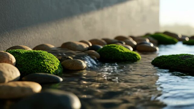Water flowing through a rocky river stream with gentle cascades, creating a peaceful natural scene. Ideal for nature design backgrounds or concepts of purity, flow, and tranquility.









