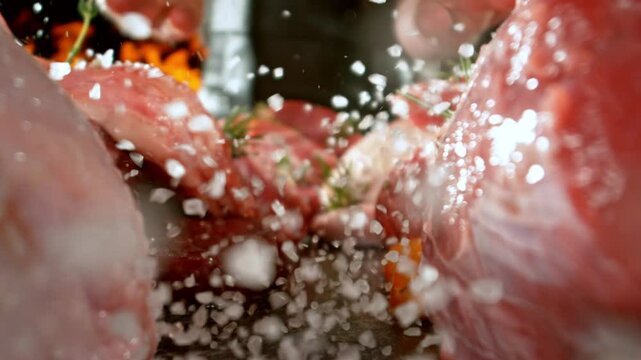 Slow motion, camera move. Large assortment of premium raw meat, beef, sausages, pork and chicken suitable for butchery advertising, fire on background