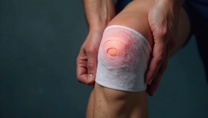 Close-up of a bandaged knee, showing swelling and bruising after an injury , doctor, LCL tear