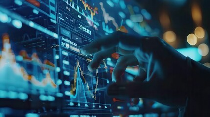 Hand interacting with a digital screen displaying stock market charts and financial data analysis