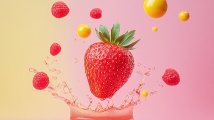 Strawberry splash on pastel pink background with berries for fruity dessert sweet fun freshness energy concept