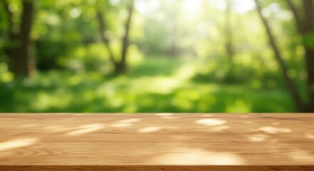 Wooden table in a sunlit forest setting, showcasing nature's tranquility