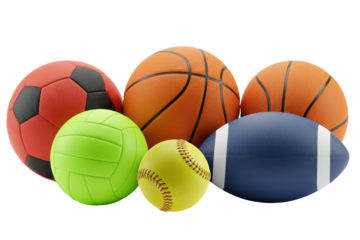 Colorful set of sports balls with basketball, soccer, volleyball, rugby and baseball isolated background