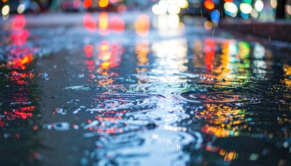 Rain Falling Reflecting City Lights in Puddle Urban Scene