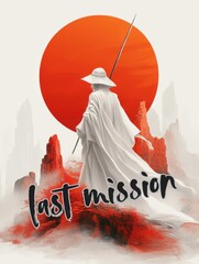 Illustration of a man in a white cloak and hat with a sword on the background of the sun