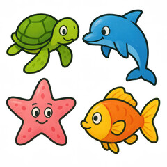 Fototapeta premium Cartoon sea turtle, dolphin, starfish, and goldfish with happy expressions, colorful marine animal illustration for children
