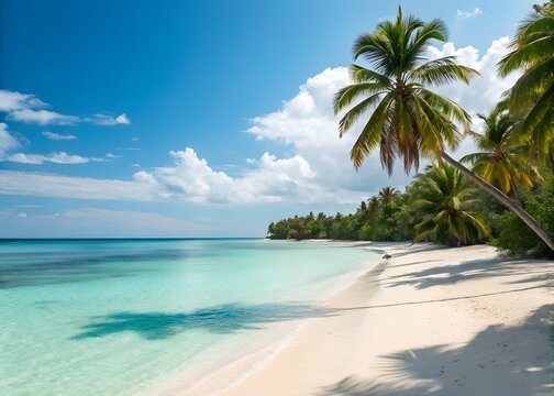 serene tropical beach paradise with azure sea palm trees and soft sunlight casting shadows on the sands