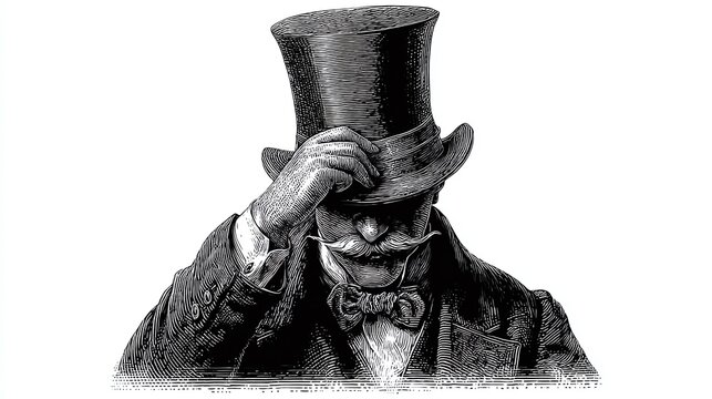 Mysterious figure in top hat tips brim, casting a shadow over their face, exuding vintage elegance. An enigmatic, detailed engraving style evokes a bygone era.