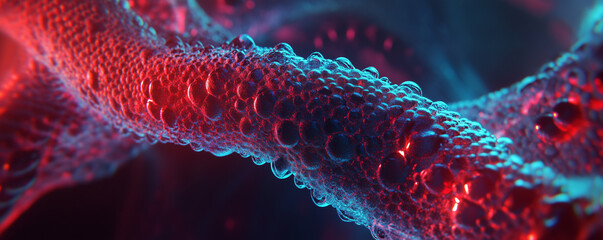 Vibrant red DNA molecule view showcasing intricate structure and design with dynamic lighting effects in a scientific visualization