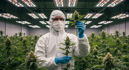 Person in White Suit Inspecting Cannabis Plants Under LED Grow Lights in an Indoor Grow Room