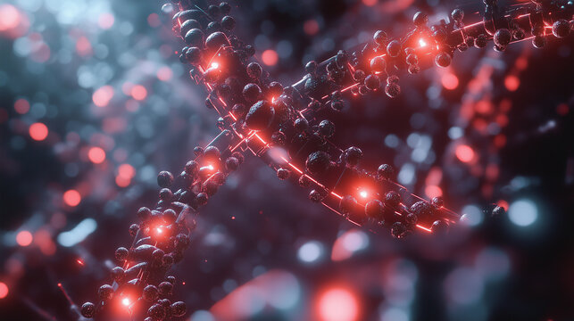 View of protein synthesis process with colorful molecular structures generating biological components