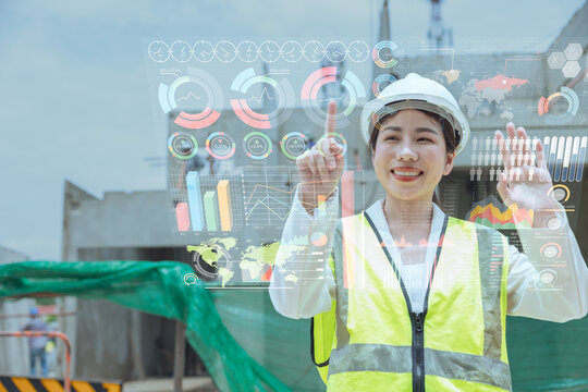 Happy construction engineer overlay infographic graph chart, Future information business intelligent