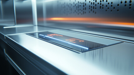 Close up view of a modern fume hood with transparent panels showcasing advanced features and controls