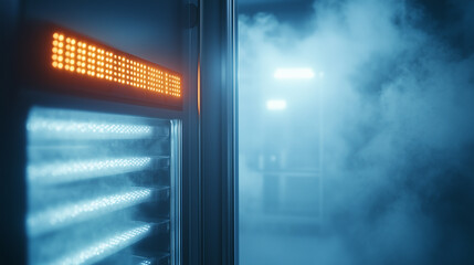 Detailed view of lab freezer with LED indicators displaying temperature and status in a scientific environment