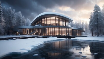 Cinematic winter scene with dramatic lighting, modern architecture, frozen water, and snowy forest 