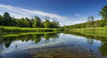 Obraz premium Serene river landscape reflecting lush greenery under a clear blue sky
