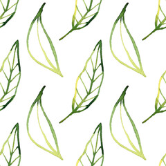Watercolor Green Leaves Seamless Pattern. Hand drawn vector foliage illustration