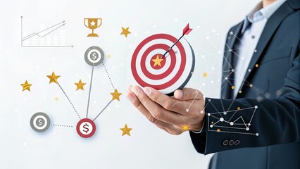 A business hand presenting a digital bullseye surrounded by floating success indicators for a new fiscal year.