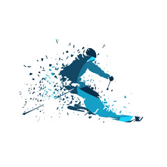 Skiing, downhill skier, abstract blue isolated vector illustration